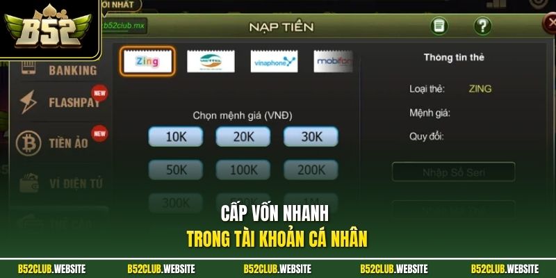 Cấp vốn nhanh trong tài khoản cá nhân
